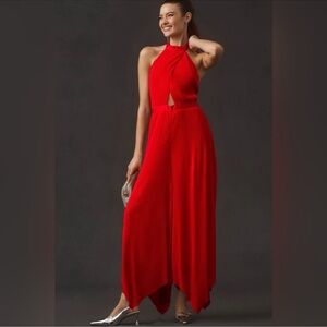 Anthropologie Jumpsuit Women’s Size 4 Red Halter Plisse Wide Leg Open Back B9